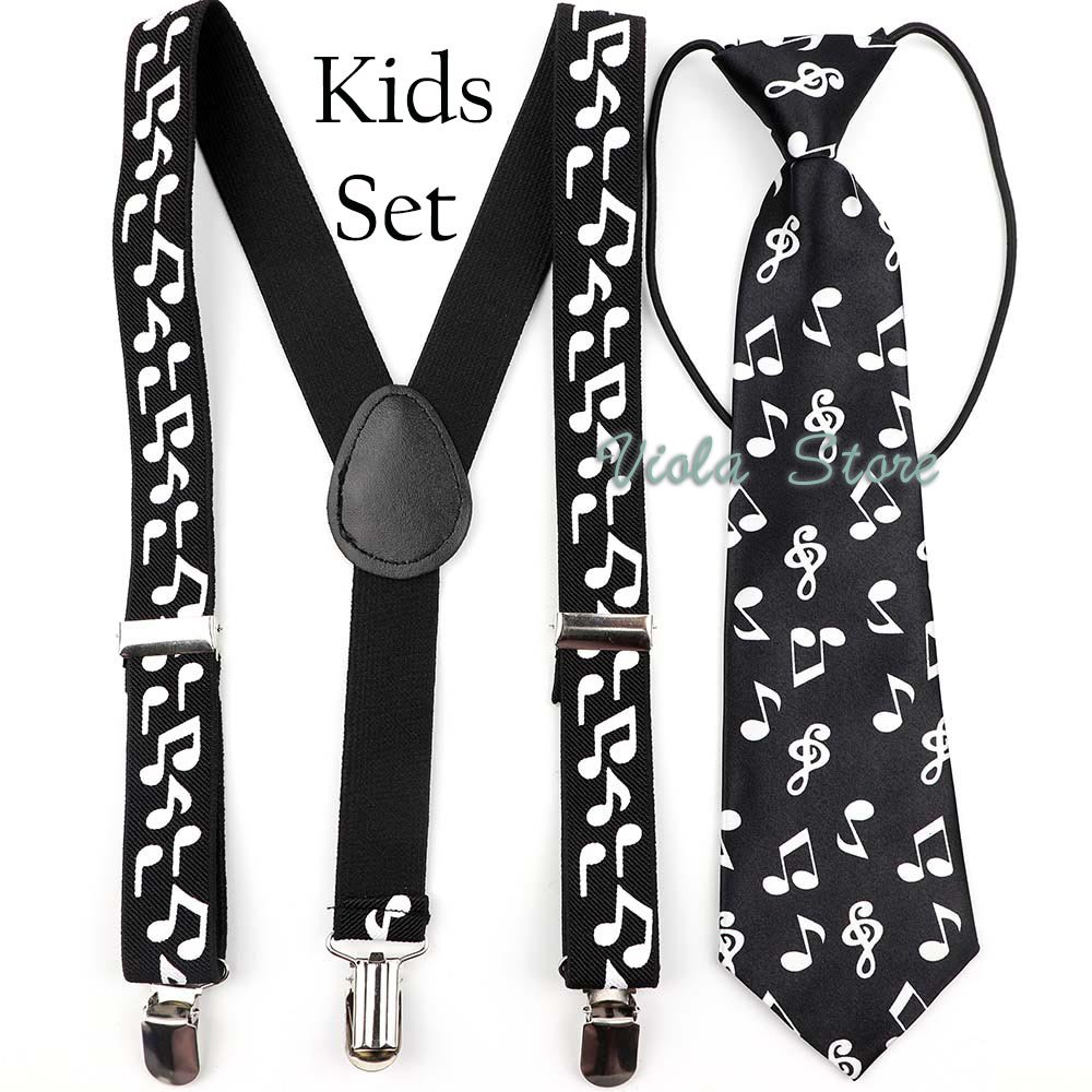 Top Hot Music Print Suspender Bow Tie Sets Men Women Kids Piano Guitar Skull Cats Rainbow Party Play Shirt Brace Accessory Gift