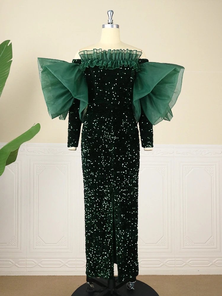 Plus Size African Party Dresses for Women Dashiki Ankara Sequin Velvet Evening Gowns Fall Winter Elegant Sparkly Birthday Dress