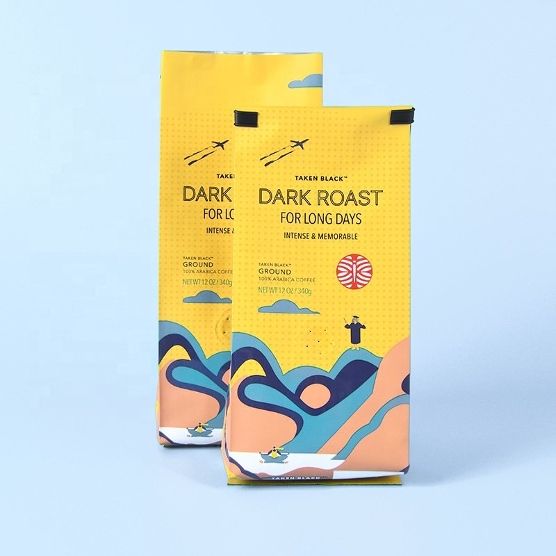 Premade custom printed 12 oz tin tie side gusset coffee bean packaging bags with valve