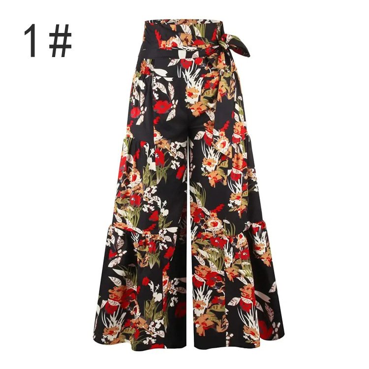 Women'S Wide-Legged Pants With Waist Tied Floor To Floor Beach Pants With Retro Pattern Comfort Pajamas