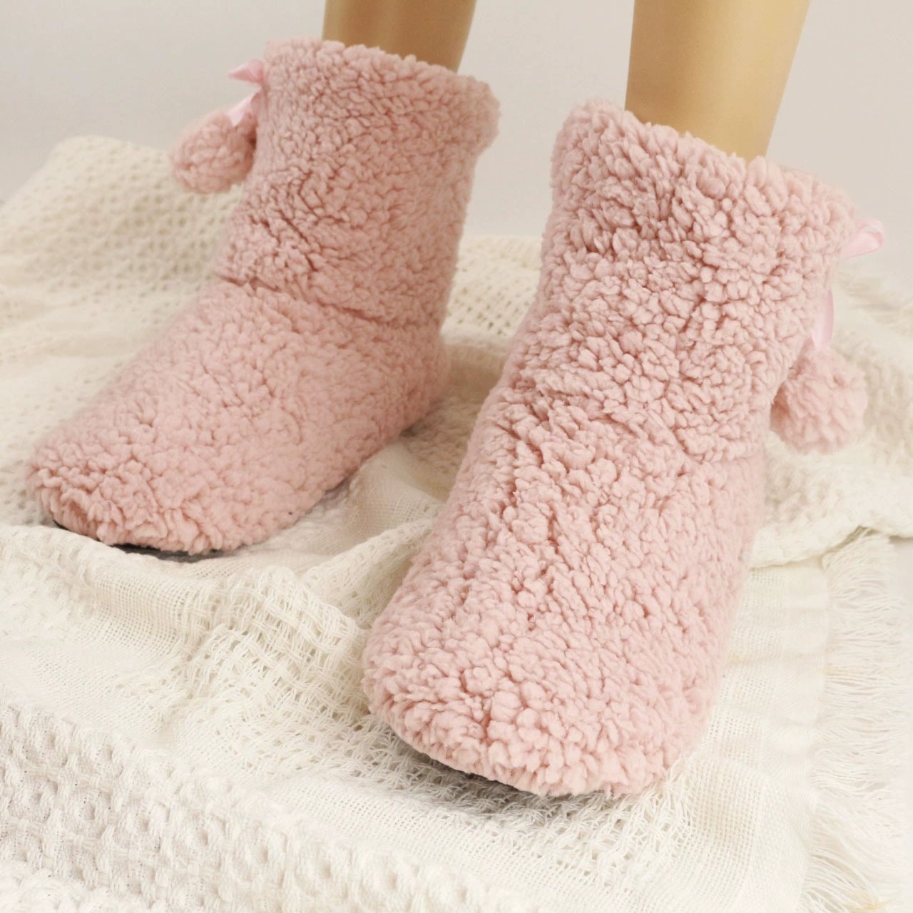 Woman Women Women's Ladies Winter Fuzzy Sherpa Indoor Floor Home Non-slip Slippers Booties Boots With Pom Poms