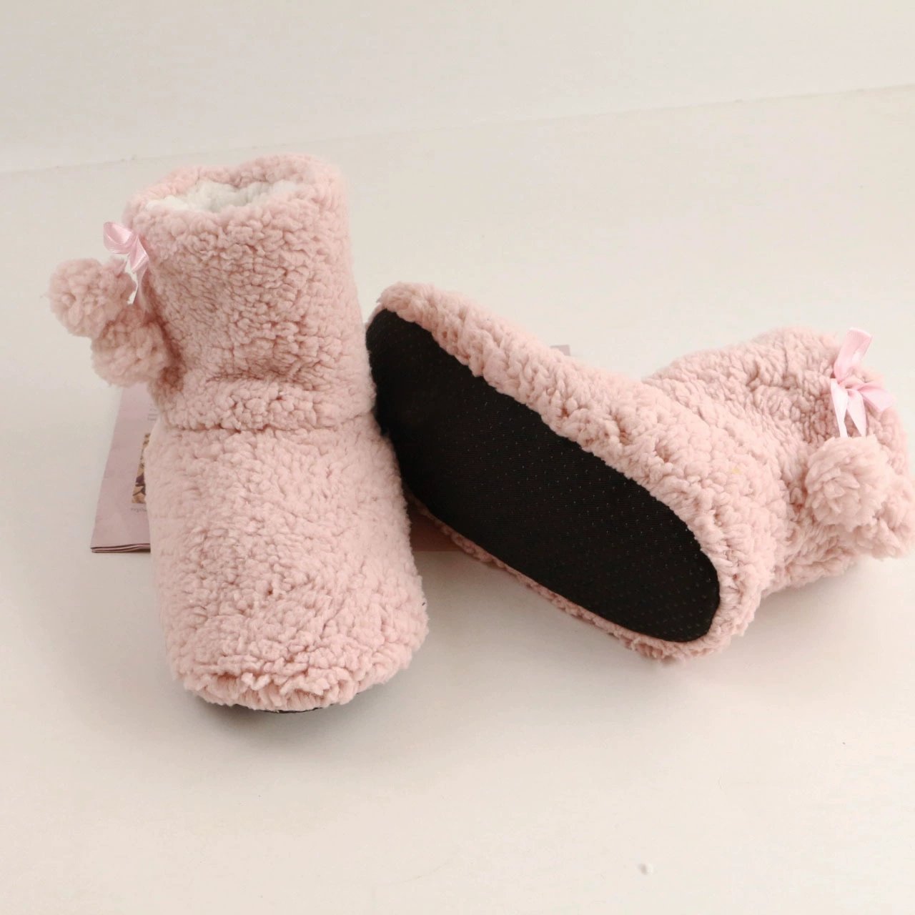Woman Women Women's Ladies Winter Fuzzy Sherpa Indoor Floor Home Non-slip Slippers Booties Boots With Pom Poms