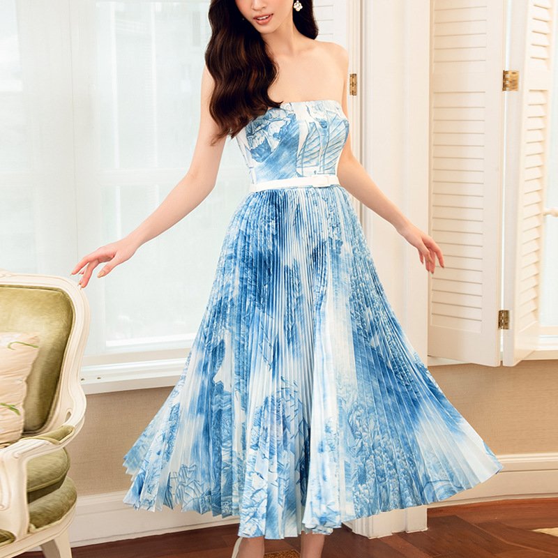 Blue strapless super fairy dress Women's summer high-waisted commuter print pleated skirt