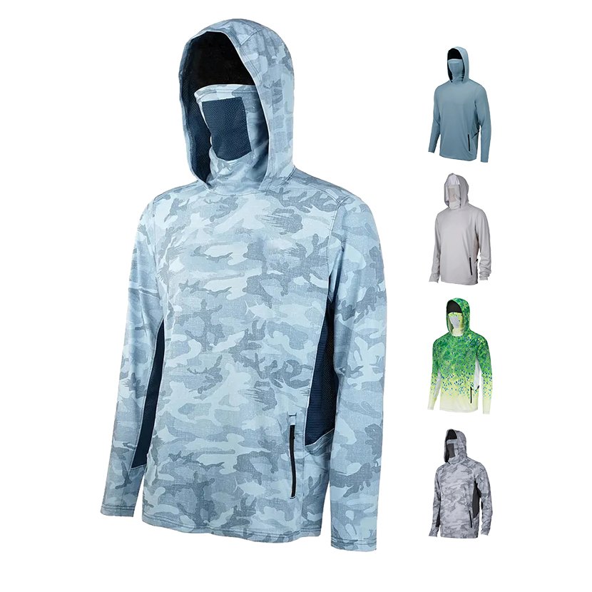 wholesale custom vented lightweight camo tie dye fishing man t shirts fishing hoodie with zipper