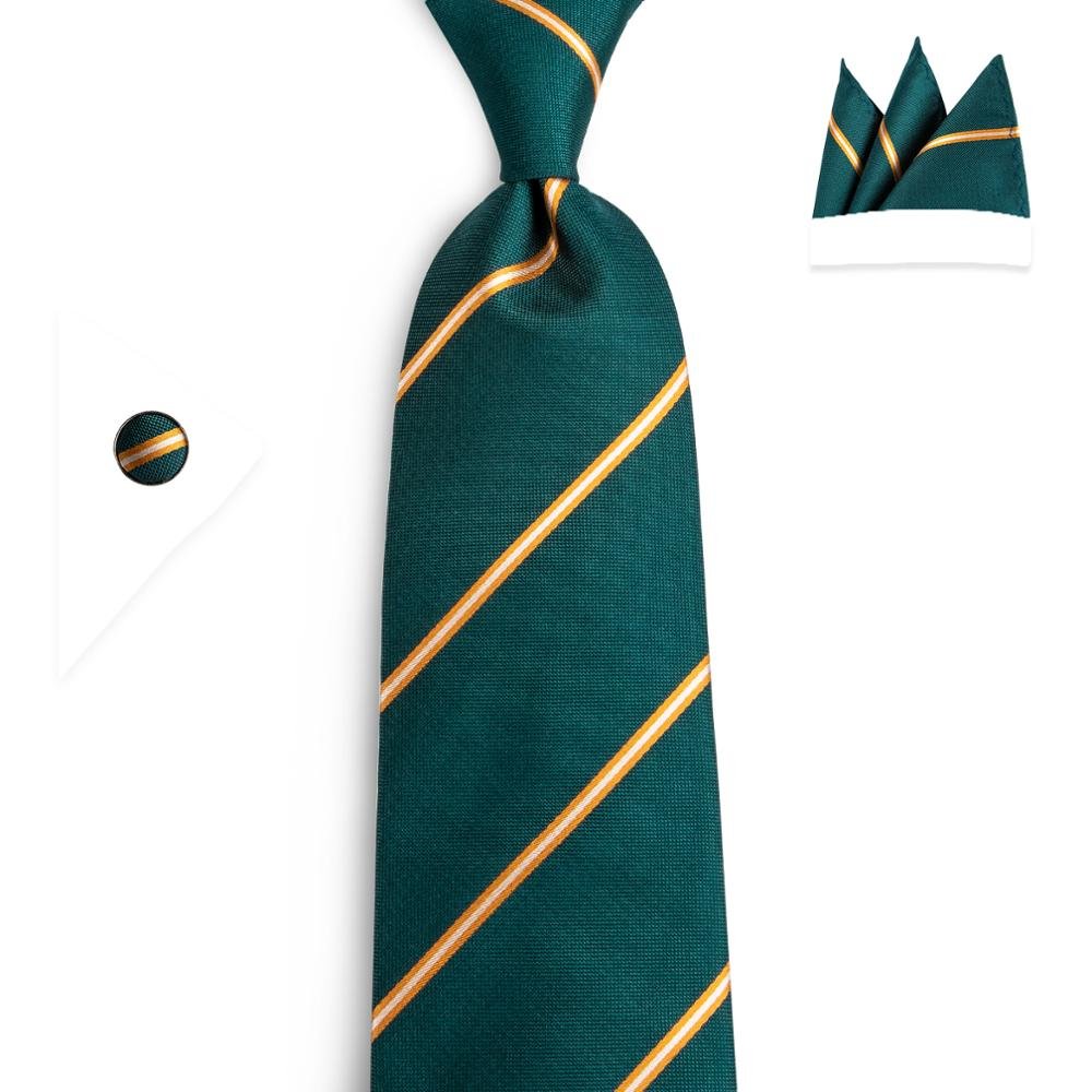 New Gravate Silk Ties Green Yellow Necktie Striped Mens Tie Handkerchief Cufflinks