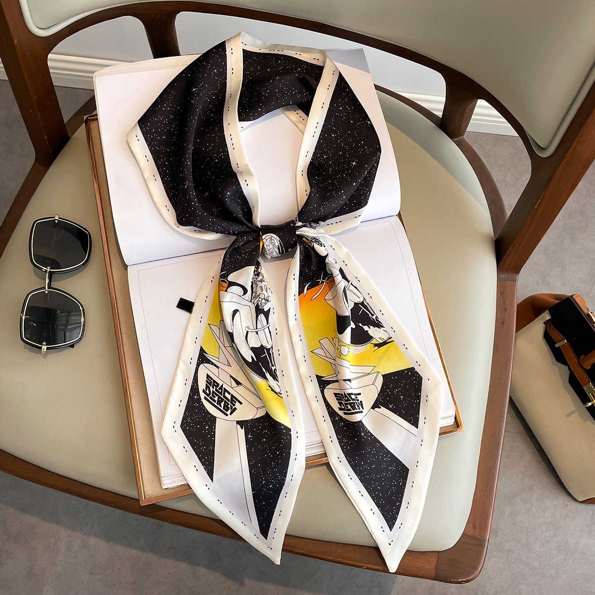 Wholesale Custom Design WJ1067A Luxury Print Twill Bag Scarf Silk Narrow Long 145cm Neck Hair Ties Skinny Silk Scarf for Women