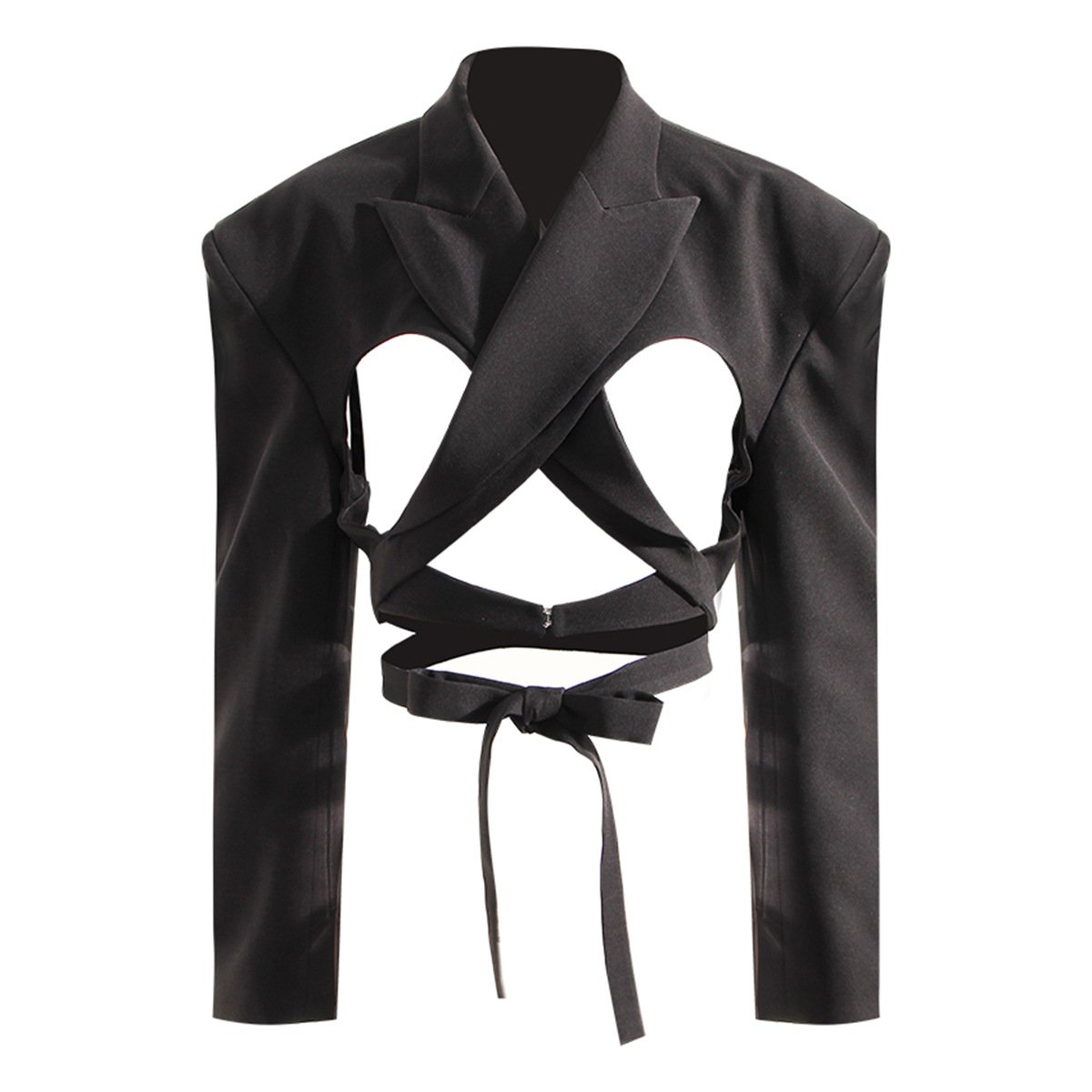 Unique Fashion Sexy Long Sleeve Irregular Hollow Out Tie Up Short Crop Jacket Blazer Suit Ladies Fall Autumn Spring Women