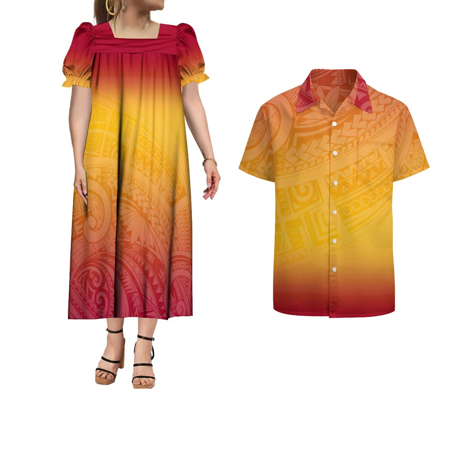 High Quality Customized Polynesian Samoan Tribal Printed Couple Two Piece Sets Matching Outfits Micronesian Mumu And Mens Shirts