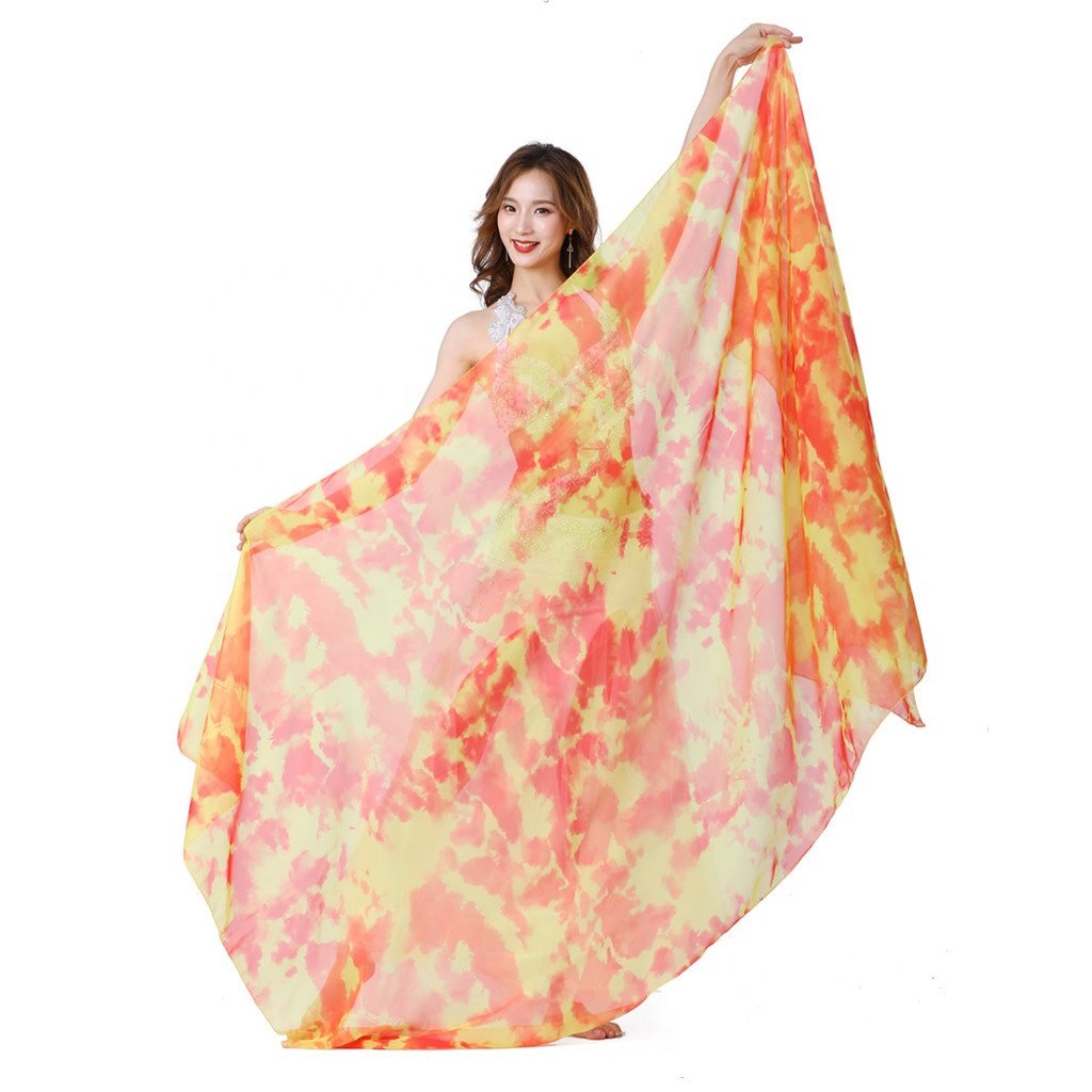 Bestdance Women Elegant Simulated Silk Tie-Dye Dance Scarf Belly Dancing Veil Fans