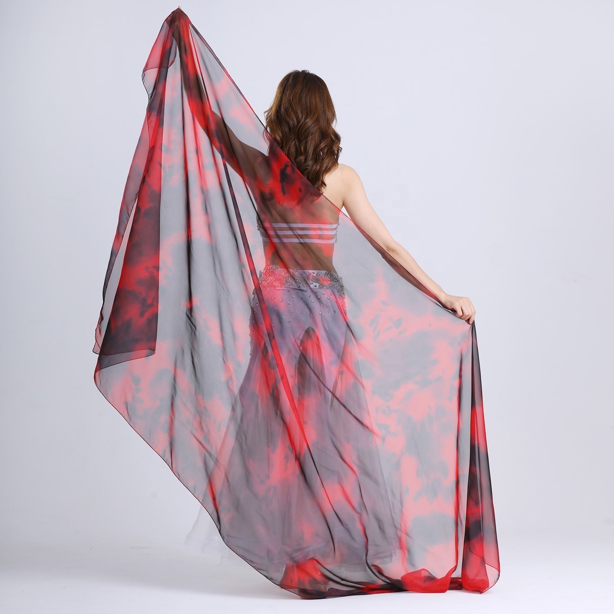 Bestdance Women Elegant Simulated Silk Tie-Dye Dance Scarf Belly Dancing Veil Fans