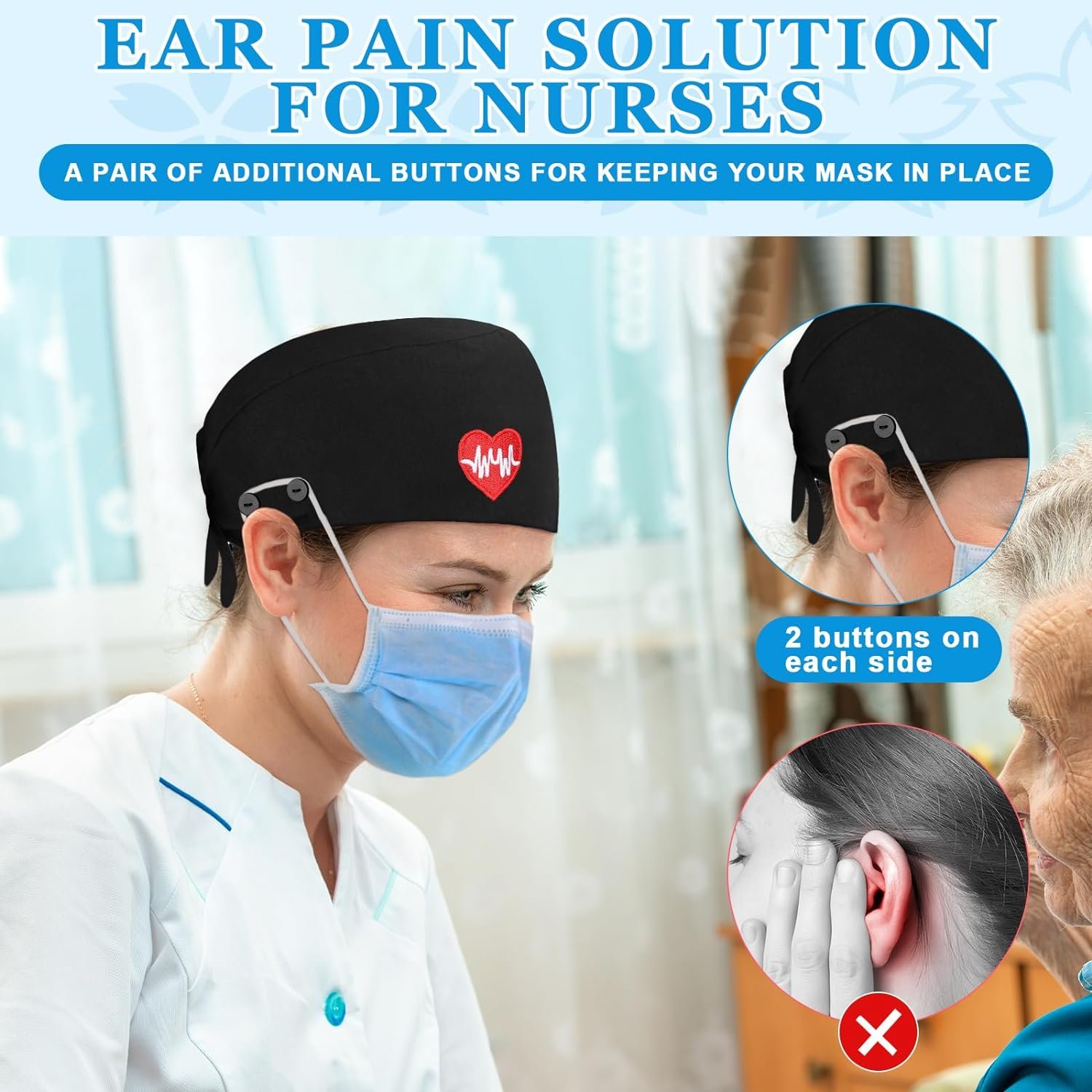 Scrub Caps Working Nursing Hats with Buttons Adjustable Tie Back Nurse Cap Sweatband Ponytail Holder Medical Uniforms