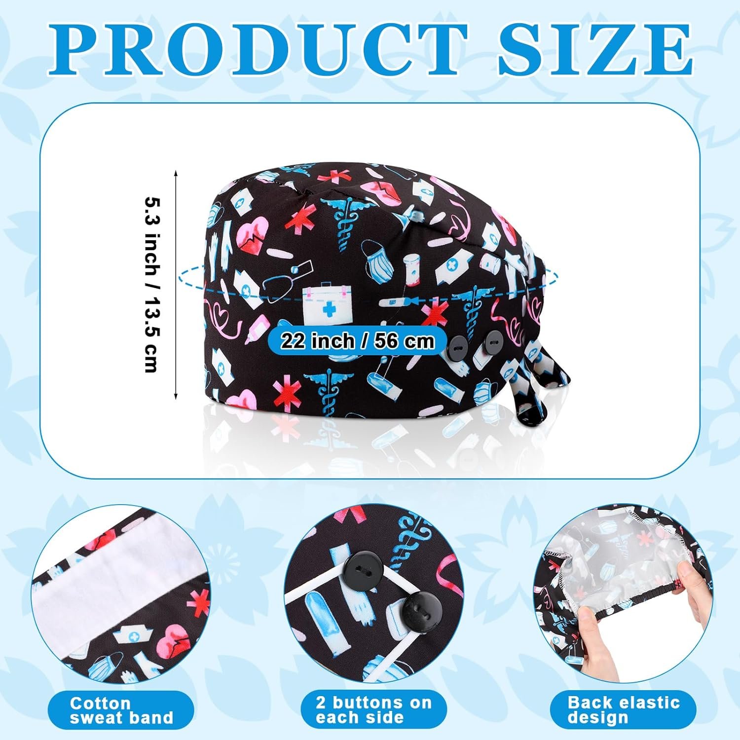 Scrub Caps Working Nursing Hats with Buttons Adjustable Tie Back Nurse Cap Sweatband Ponytail Holder Medical Uniforms