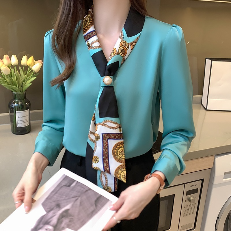 Autumn Long Sleeve Women Bow V-Neck Print Chiffon Blouse Shirt Tops Ladies Blusas Mujer De Moda E710