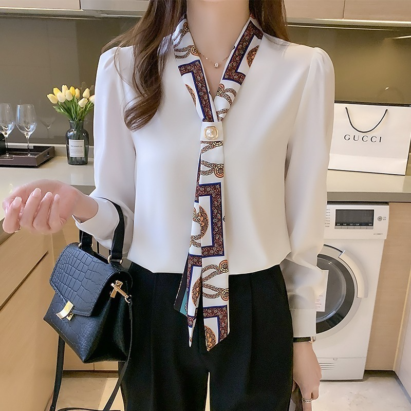 Autumn Long Sleeve Women Bow V-Neck Print Chiffon Blouse Shirt Tops Ladies Blusas Mujer De Moda E710