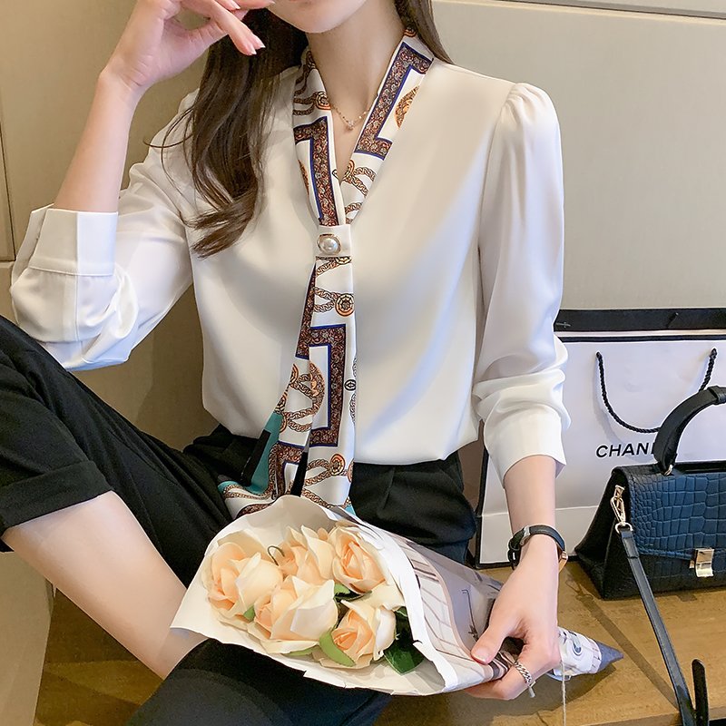 Autumn Long Sleeve Women Bow V-Neck Print Chiffon Blouse Shirt Tops Ladies Blusas Mujer De Moda E710
