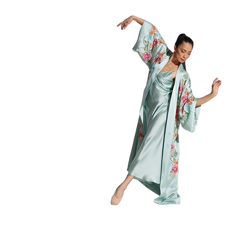 New Arrival Women's Robe 100% Silk Satin with Custom Embroidery Comfortable V-Neck Self Tie Tassel Belt Soft Latest for Spring