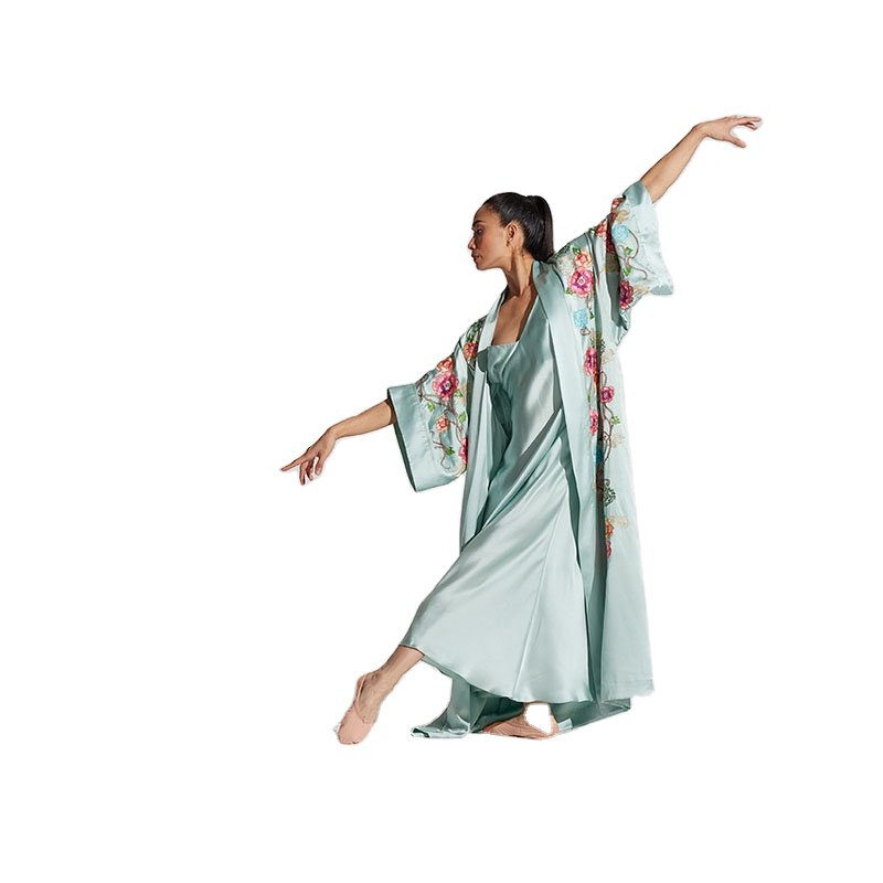 New Arrival Women's Robe 100% Silk Satin with Custom Embroidery Comfortable V-Neck Self Tie Tassel Belt Soft Latest for Spring