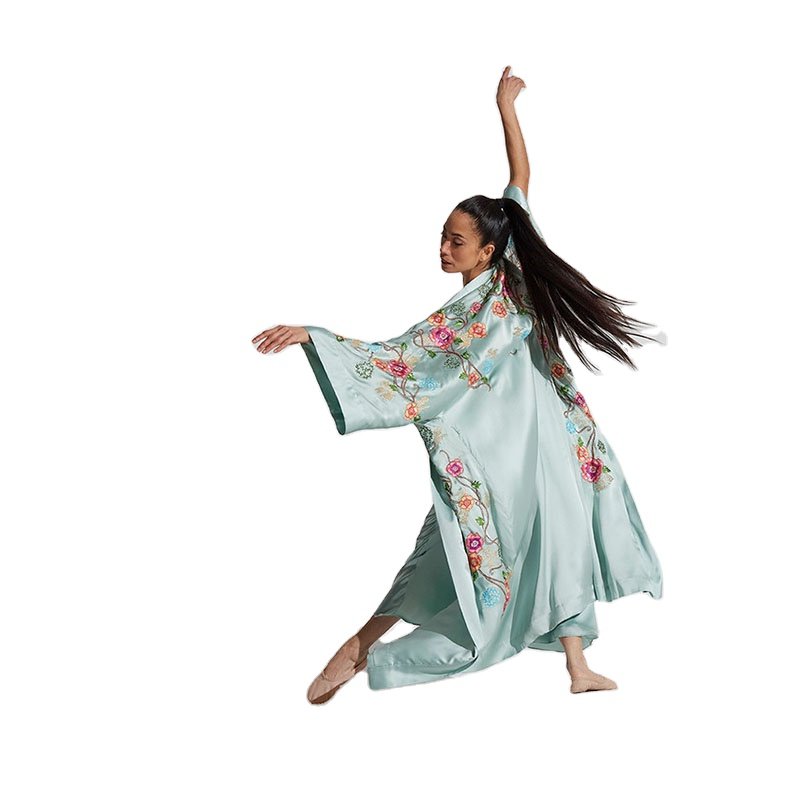 New Arrival Women's Robe 100% Silk Satin with Custom Embroidery Comfortable V-Neck Self Tie Tassel Belt Soft Latest for Spring