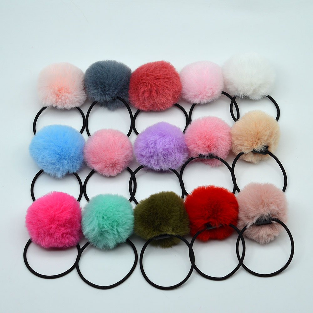 Customizable Plush Ponytail Holders 5cm Artificial Rabbit Fur Ball Elastic Hair Tie with round Ornaments Shape for diy