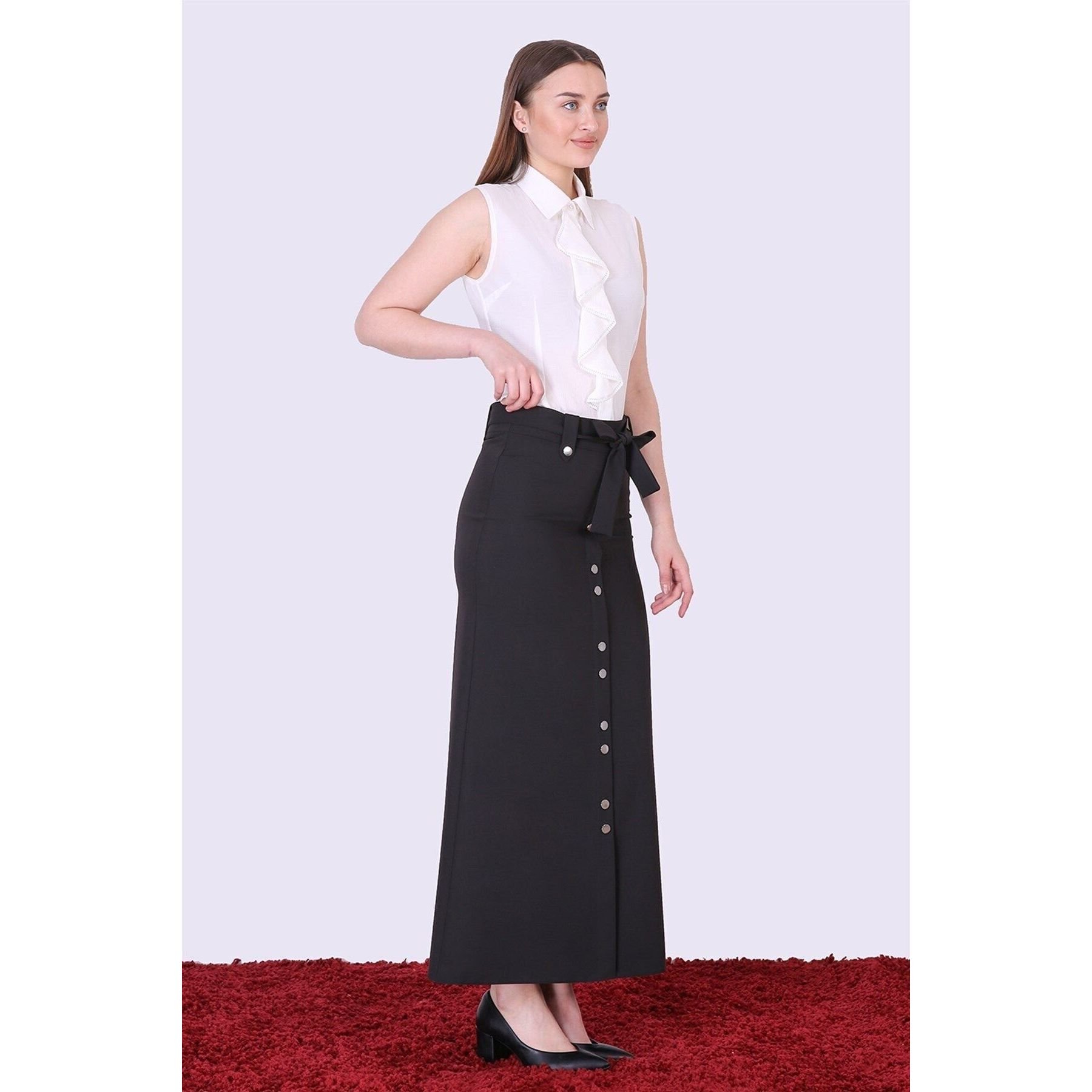 Women's Black Tie and Snap Detail Hijab Skirt 2047/95