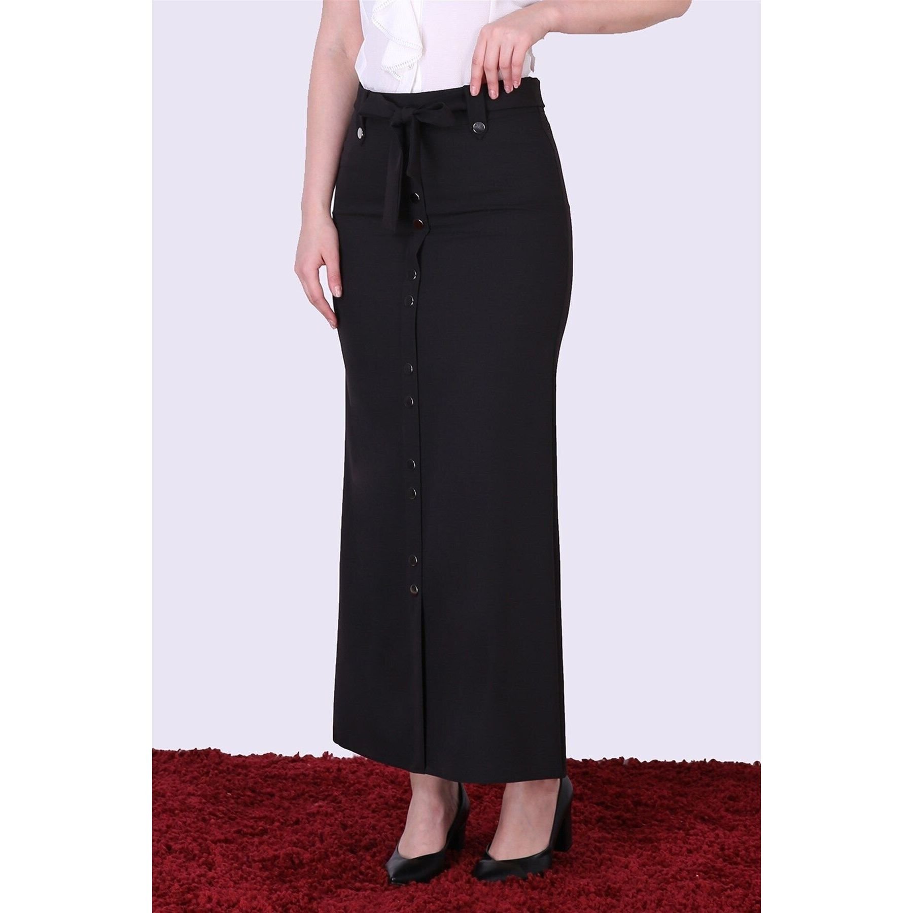Women's Black Tie and Snap Detail Hijab Skirt 2047/95