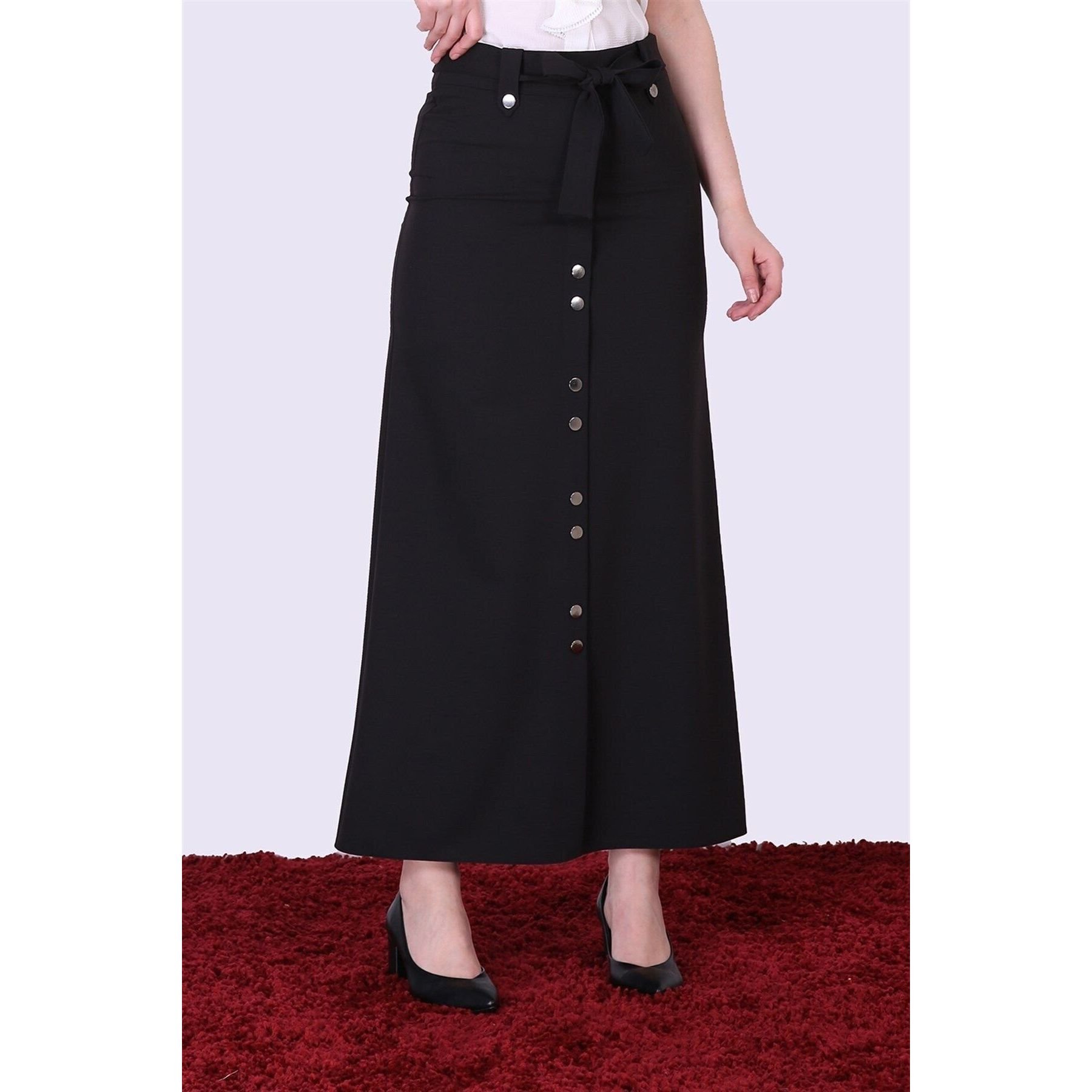 Women's Black Tie and Snap Detail Hijab Skirt 2047/95