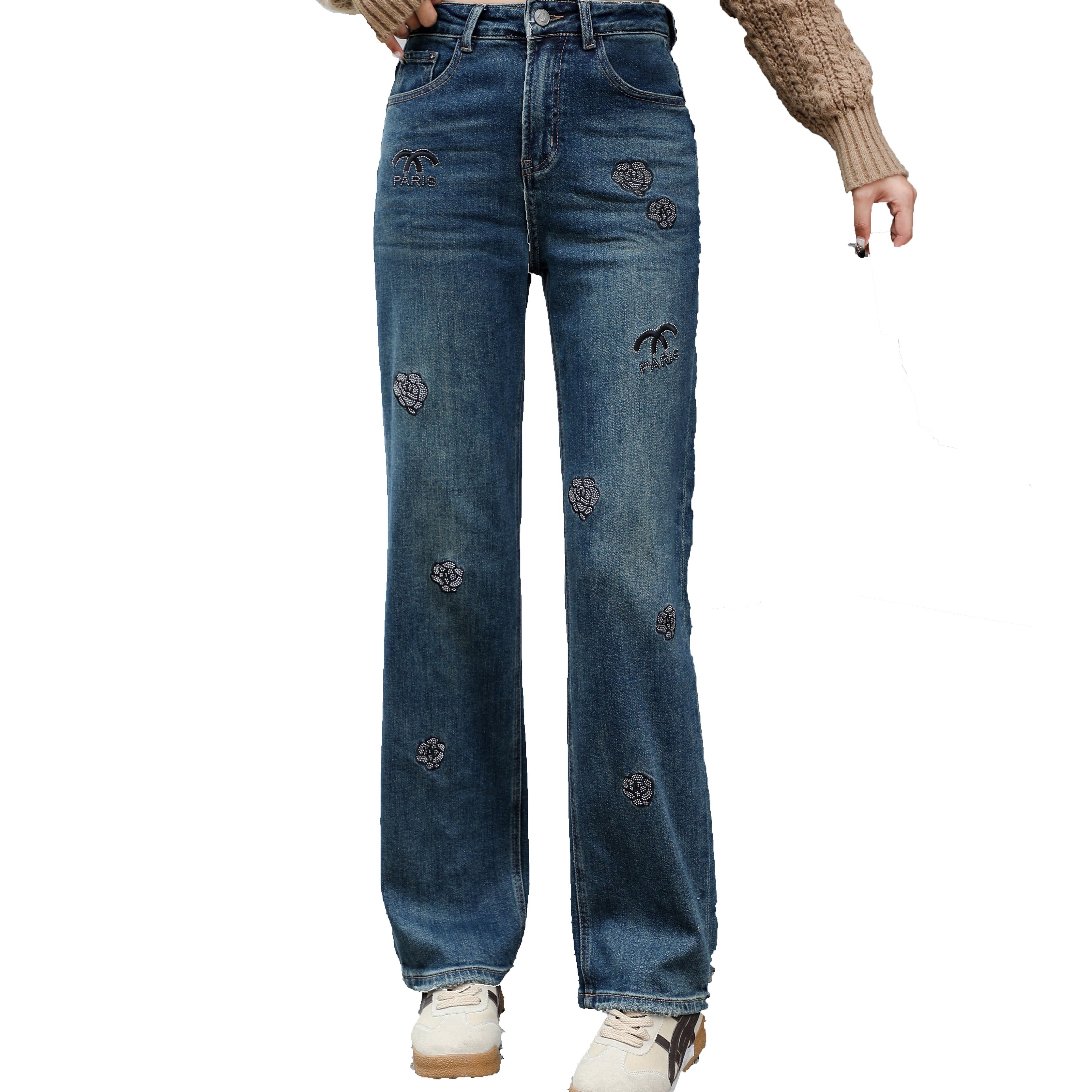 Custom denim Ironed drill button leather denim Women's casual pants Denim Jeans OEM Spandex Craft style Fly fabric zipper waist