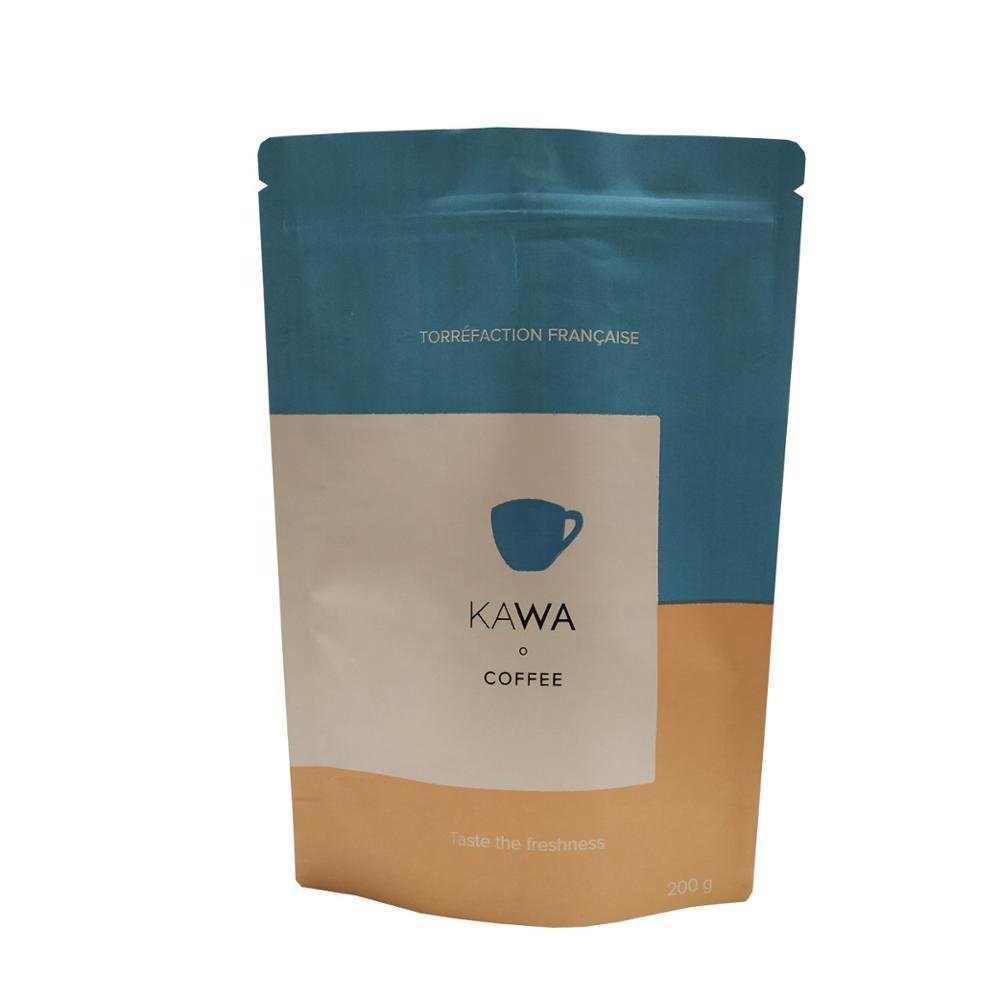 Biodegradable customized kraft paper stand up paper coffee packaging bags with valve and zipper