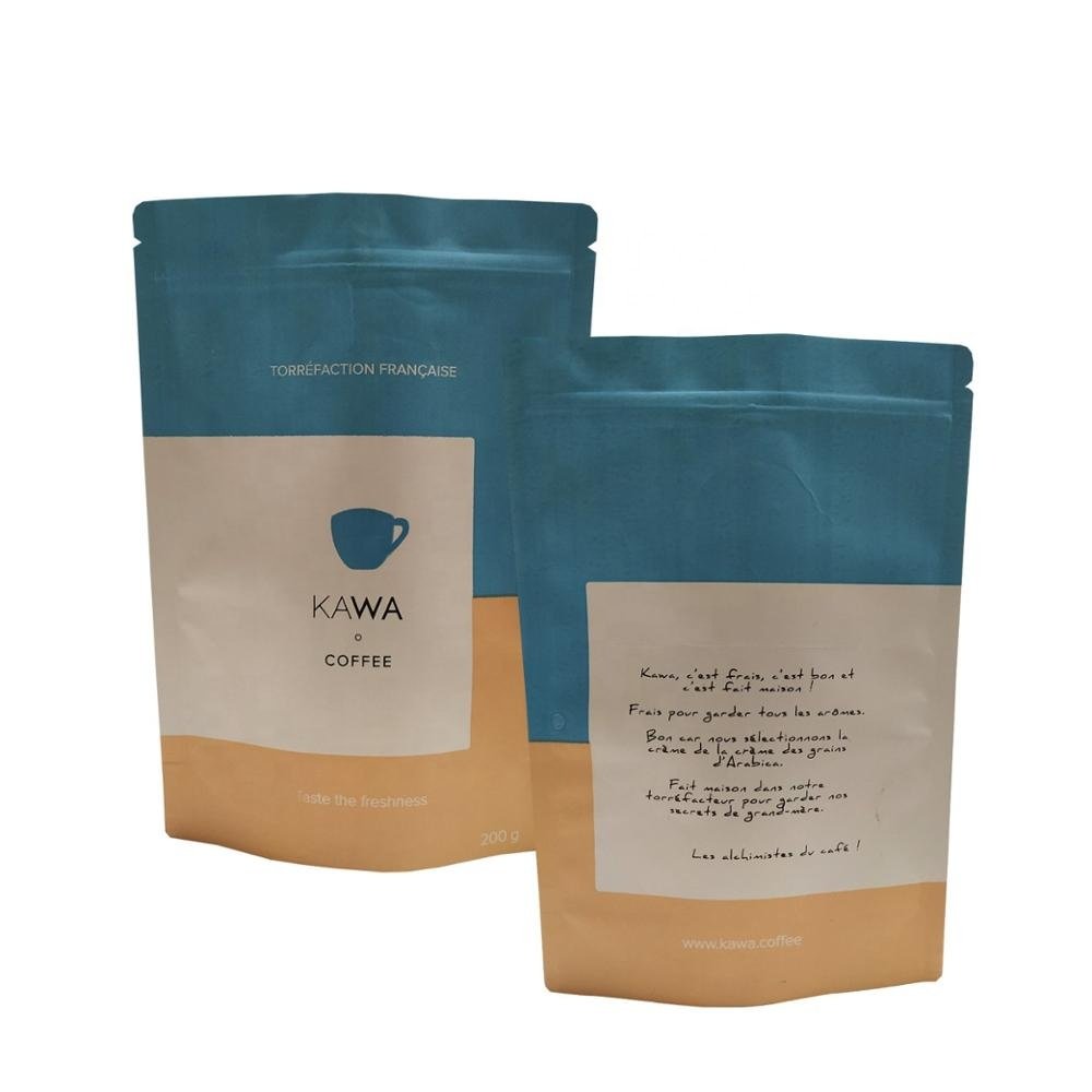 Biodegradable customized kraft paper stand up paper coffee packaging bags with valve and zipper