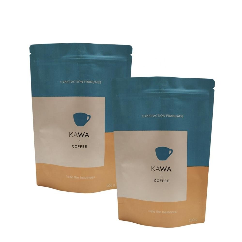 Biodegradable customized kraft paper stand up paper coffee packaging bags with valve and zipper