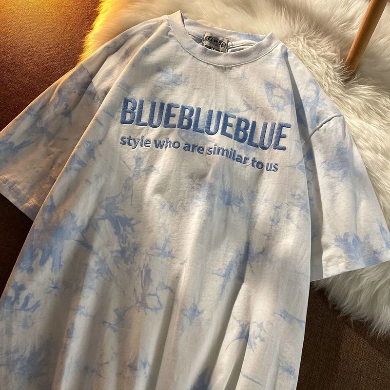 Oversize Hip Hop Loose Korean Style All-match Students Simple Chic O-neck Tie Dye T-shirts Women Letter Embroidery