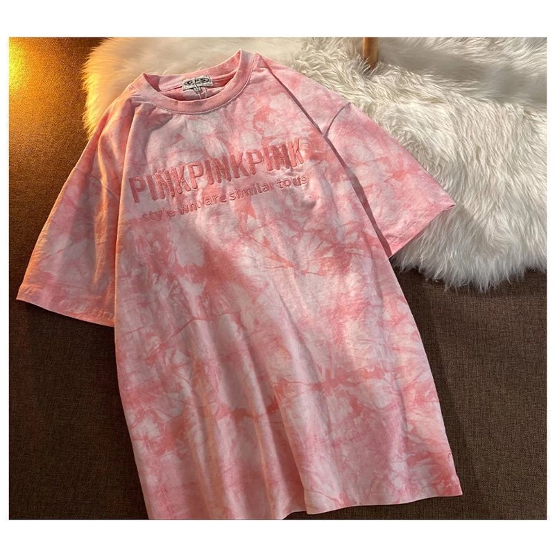 Oversize Hip Hop Loose Korean Style All-match Students Simple Chic O-neck Tie Dye T-shirts Women Letter Embroidery