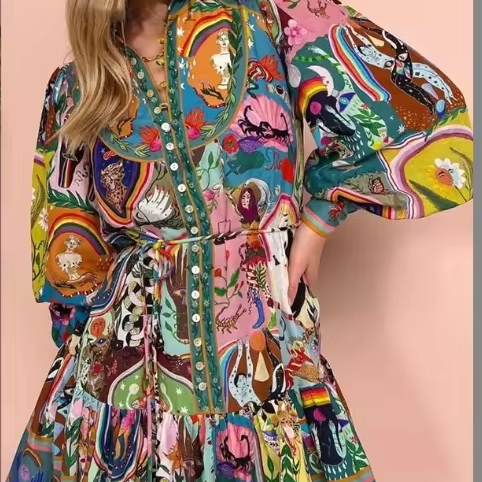 Women's printed round neck waistband tied pleated ruffled edge vintage dress