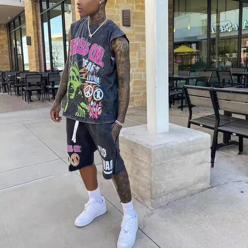 Custom Sleeveless T Shirt 2 Piece Set Cotton Screen Print Acid Wash Tracksuit Jogger Tshirts And Raw Hem Shorts Set For Men