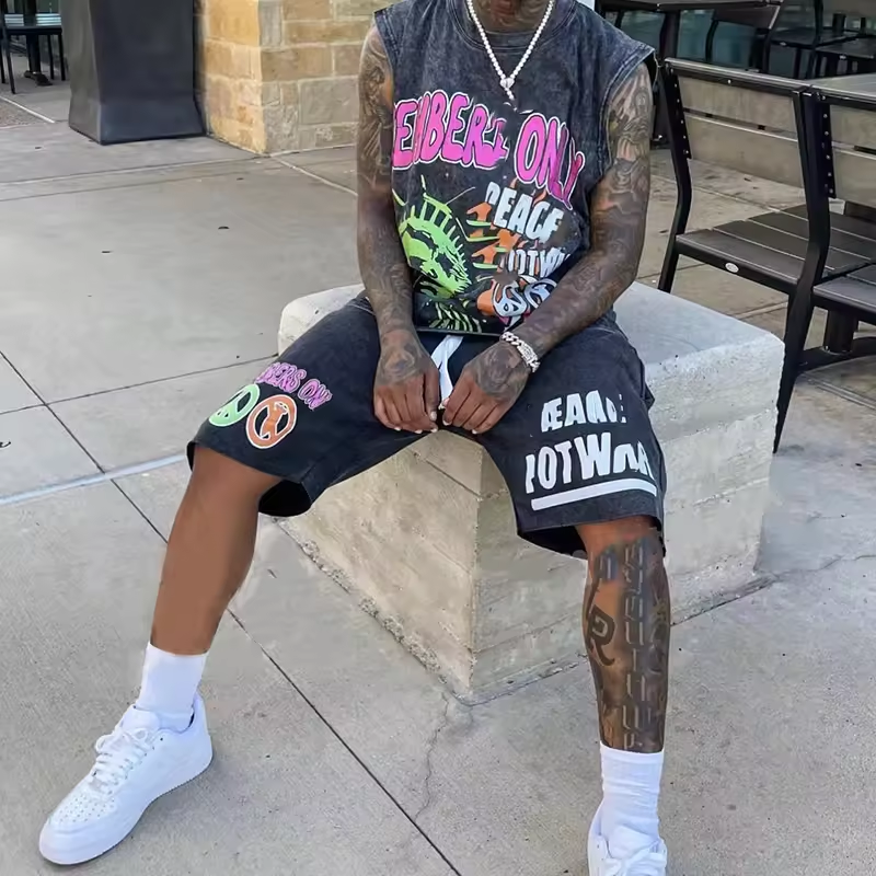 Custom Sleeveless T Shirt 2 Piece Set Cotton Screen Print Acid Wash Tracksuit Jogger Tshirts And Raw Hem Shorts Set For Men