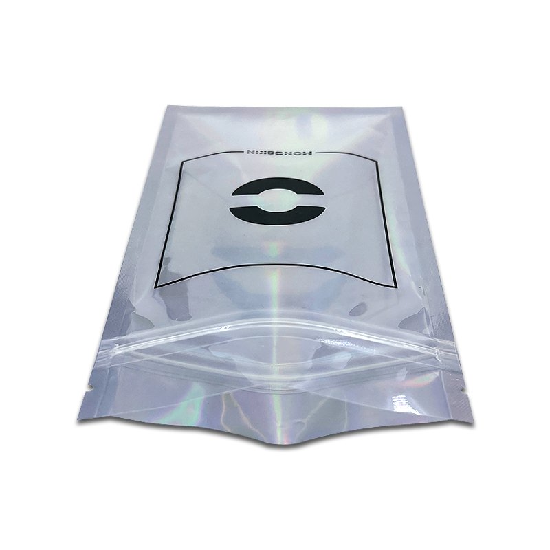 Custom brand mylar bags 3 side seal zipper laser hologram cosmetic plastic bags jewelry cosmetic packaging bags with window