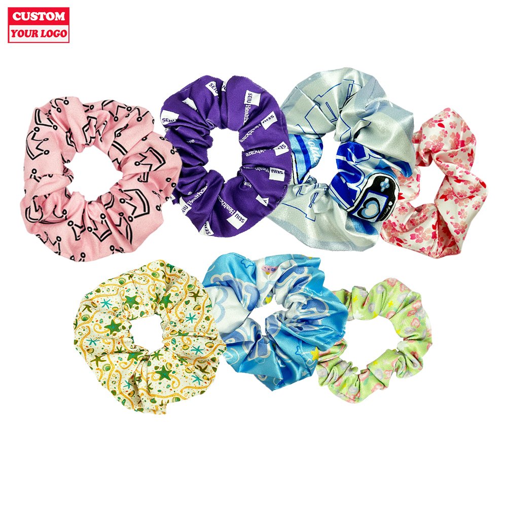 Custom hair accessories Printed Satin Scrunchy With Logo For Girls Kids Elastic Hair Band Ties Silk Custom Hair Scrunchies