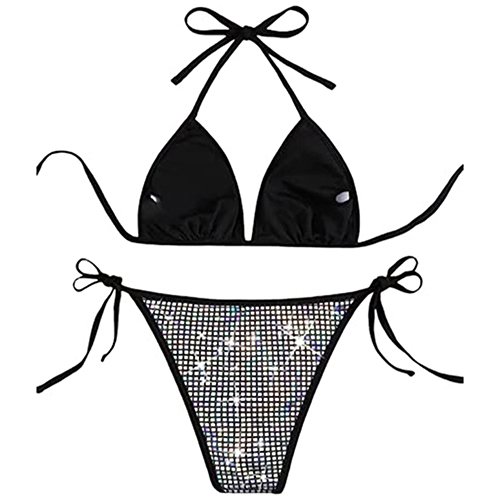 2024 Custom Logo Sexy High Waisted Silver Metallic Bikini Top Set Sexy Metallic Halter Tie Split Two Pieces Women Swimwear