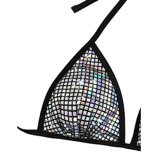2024 Custom Logo Sexy High Waisted Silver Metallic Bikini Top Set Sexy Metallic Halter Tie Split Two Pieces Women Swimwear