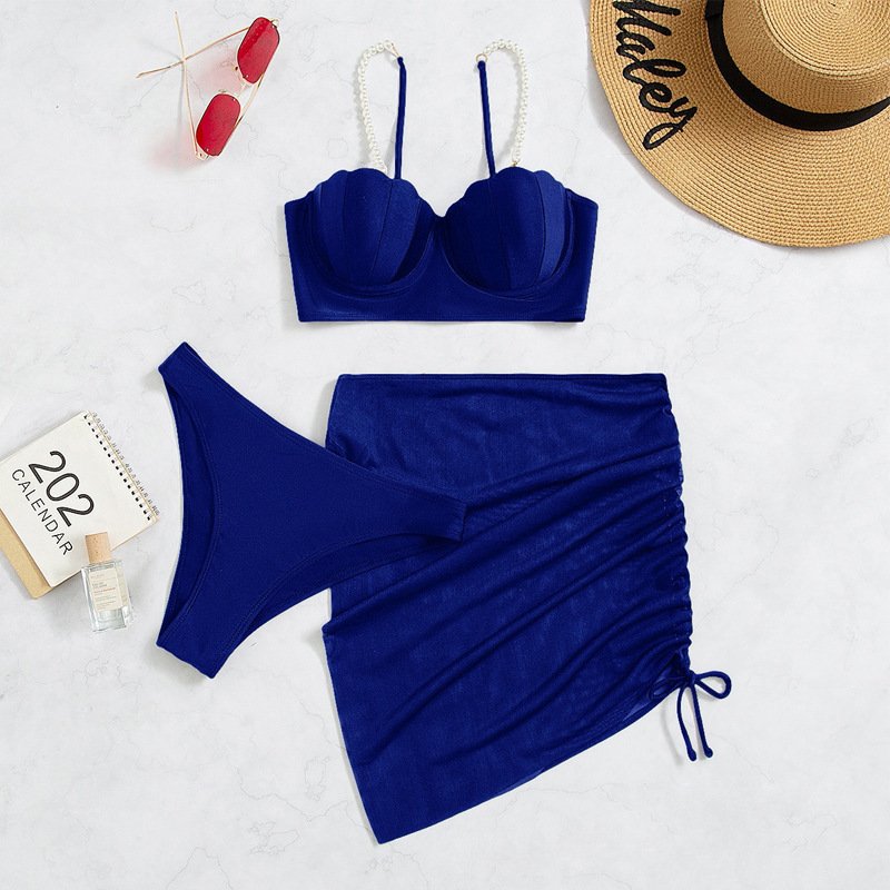 Fashion Sexy Ruffles Beading Strap Bikinis Set Three Pieces Sets Drawstring Tie Swimsuit with Mini Skirt Swimwear Beach Wear