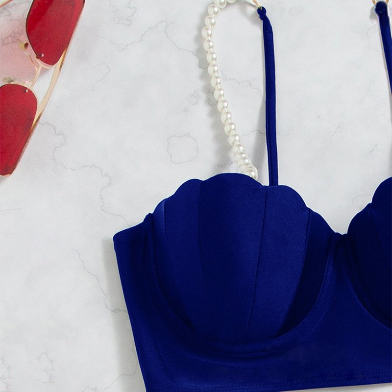 Fashion Sexy Ruffles Beading Strap Bikinis Set Three Pieces Sets Drawstring Tie Swimsuit with Mini Skirt Swimwear Beach Wear