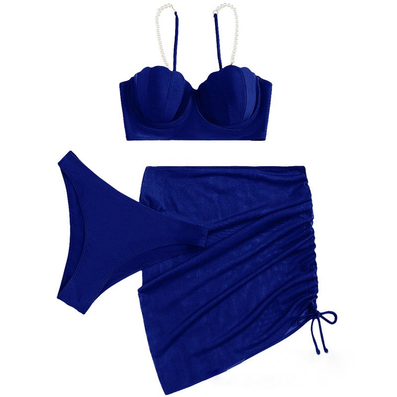 Fashion Sexy Ruffles Beading Strap Bikinis Set Three Pieces Sets Drawstring Tie Swimsuit with Mini Skirt Swimwear Beach Wear