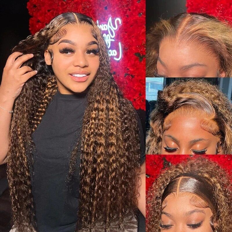13x4 Blonde Highlights Frontal Wig Brown Highlighted Human Hair Lace Wigs Deep Wave Curly Highlight Lace Front Wig