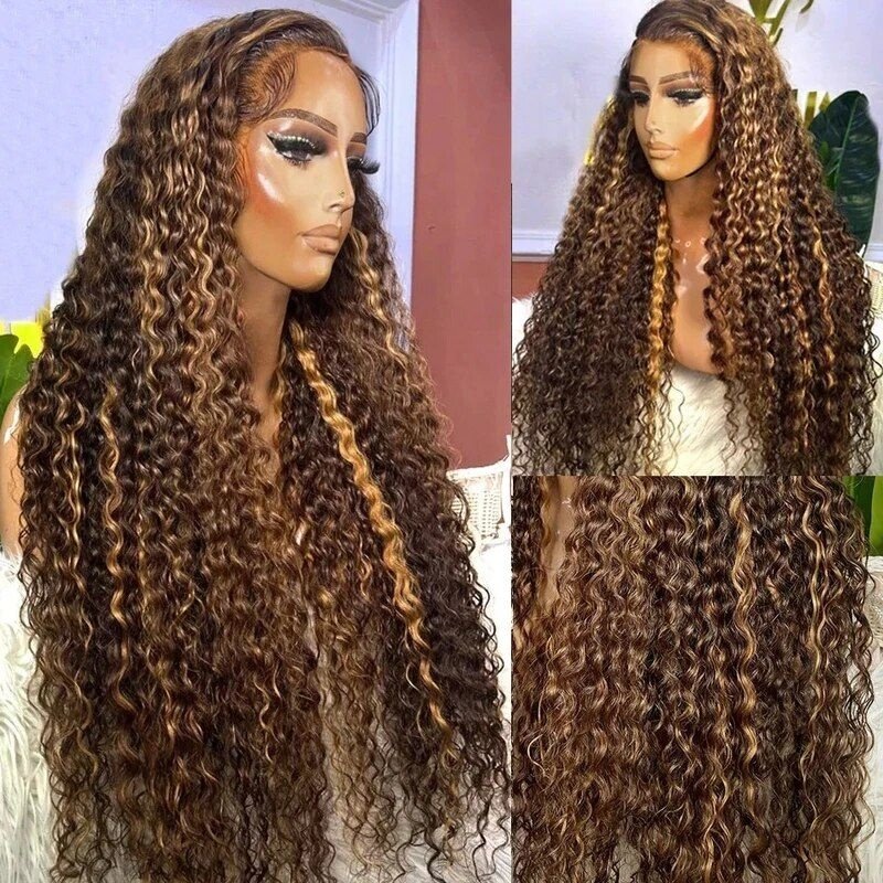13x4 Blonde Highlights Frontal Wig Brown Highlighted Human Hair Lace Wigs Deep Wave Curly Highlight Lace Front Wig
