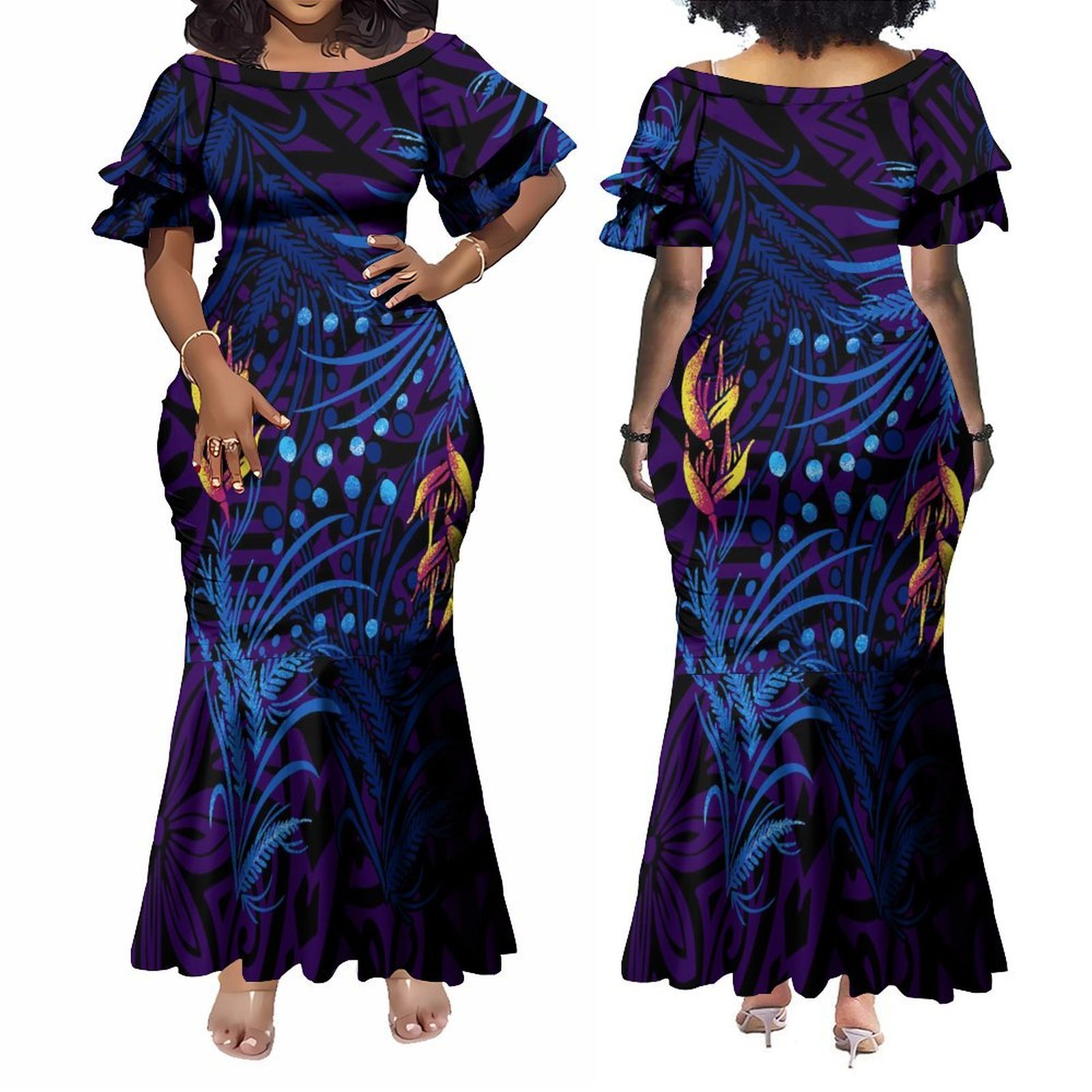 Print On Demand Custom Polynesian Tribal Printed Petal Sleeve Samoan Dress Women Elegant Long Close Fit Mermaid Dress