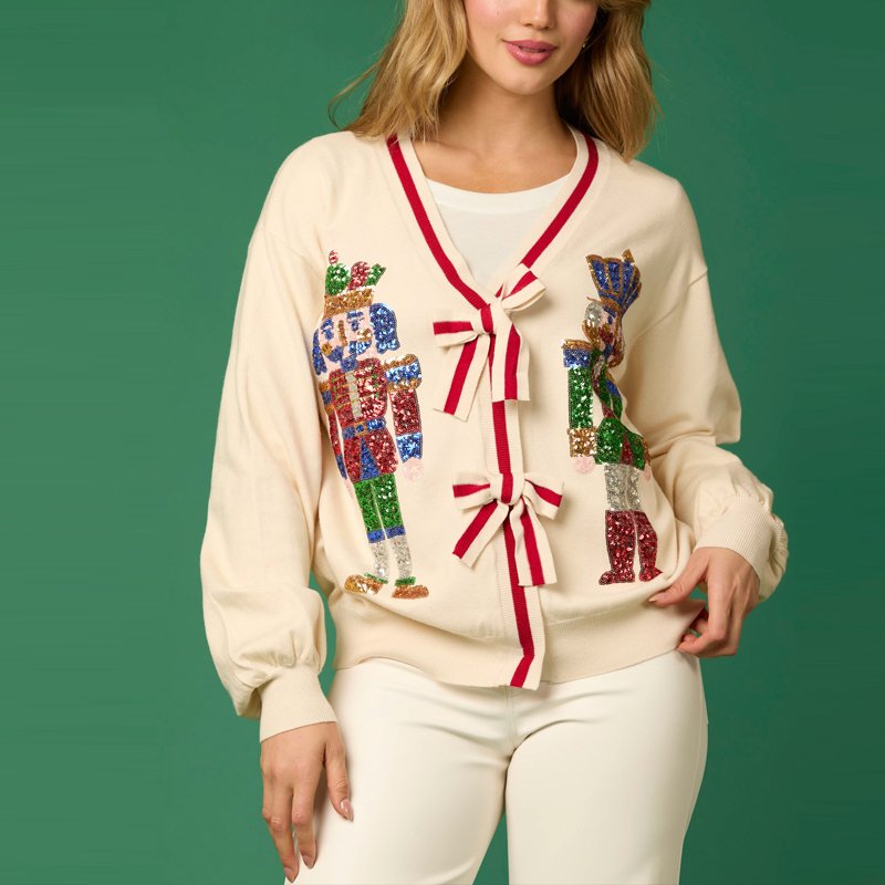 Wholesale winter long sleeve cardigan color block bow knot tie top christmas nutcracker sequin custom knitted women sweater