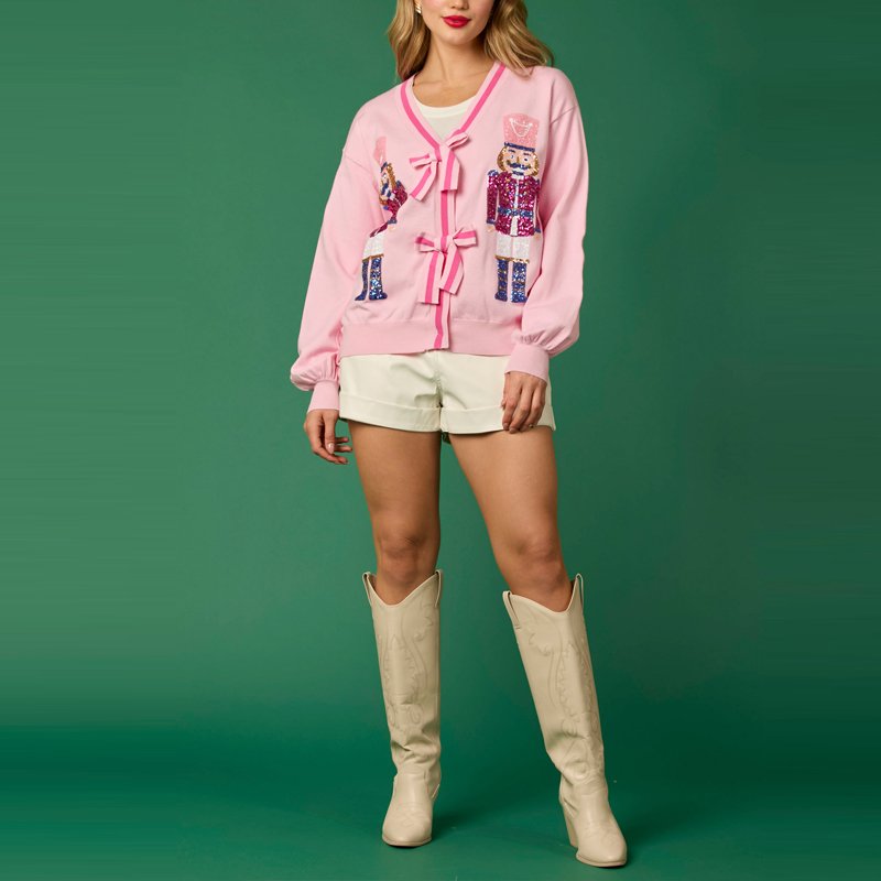 Wholesale winter long sleeve cardigan color block bow knot tie top christmas nutcracker sequin custom knitted women sweater
