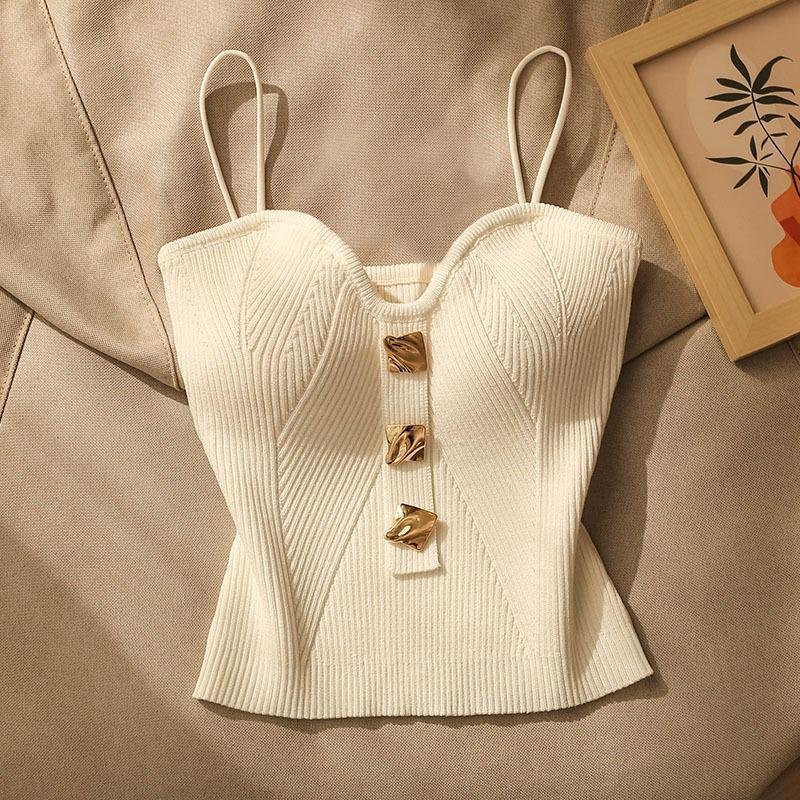 French style suspender luxury Elegance Spaghetti strap button white black Channel style sleeveless beauty back short top