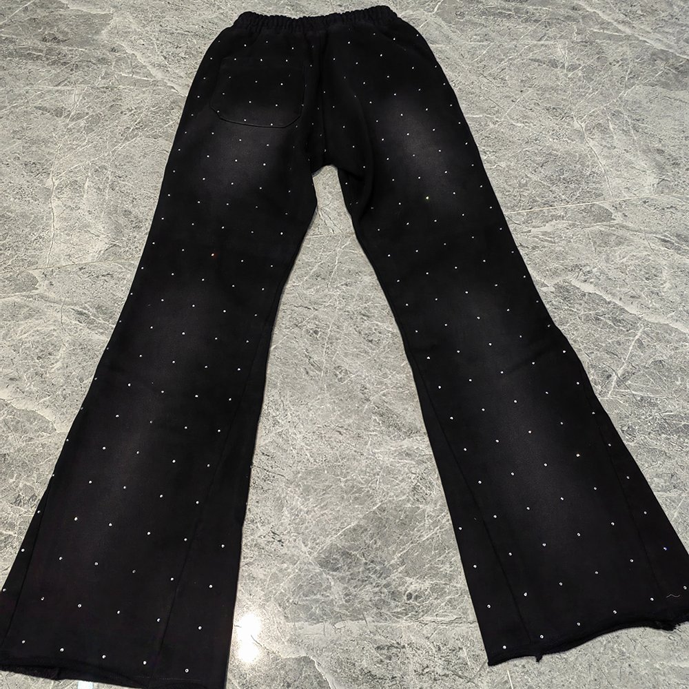 HL Factory Vintage Washed Raw Hem Flared Wide Leg Sewat Pants Striped Side Men Thick Cotton Oversized Rhinestone Sweatpants