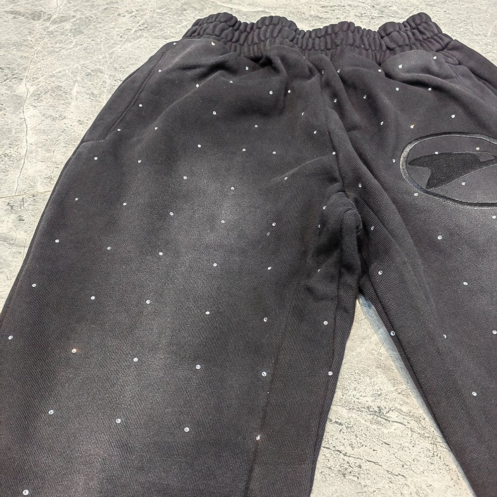 HL Factory Vintage Washed Raw Hem Flared Wide Leg Sewat Pants Striped Side Men Thick Cotton Oversized Rhinestone Sweatpants